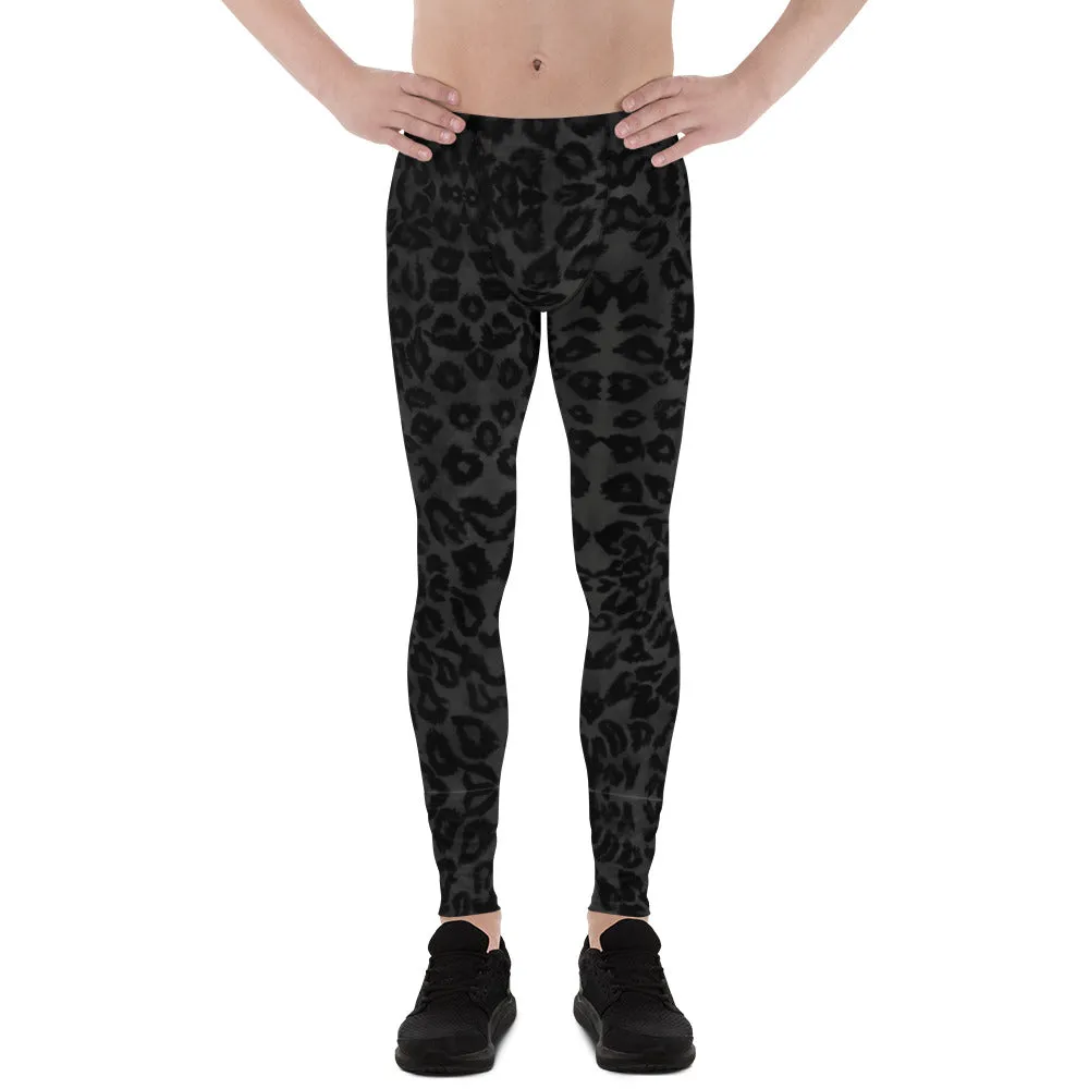 Black Leopard Men's Leggings, Best Animal Print Running Compression Tights-Made in USA/EU