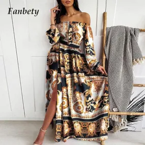 Sexy Women Off Shoudler Strapless Split Dress Vintage Floral Print Maxi Long Dress Clubwear Long Sleeve Party Dress Vestido 3XL